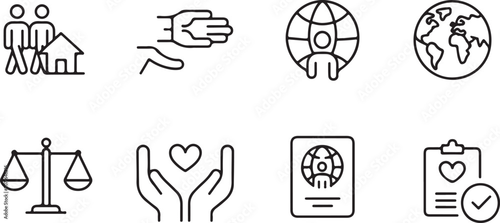 Fototapeta premium Refugee resettlement icons for aid services
