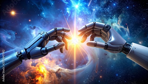 Two robotic hands nearly touching in cosmic nebula background with glowing spark, symbolizing technology, creation, connection, and futuristic innovation.