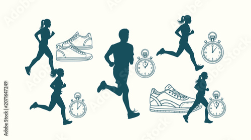 Tableau sur toile Silhouettes of Men and Women Running with Stopwatch and Sneaker Icons for Fitnes