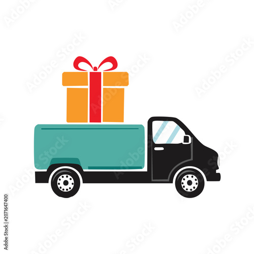 Flat illustration of delivery truck with gift box