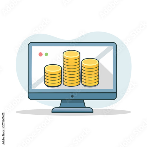 Flat illustration of computer monitor with stacked gold coins