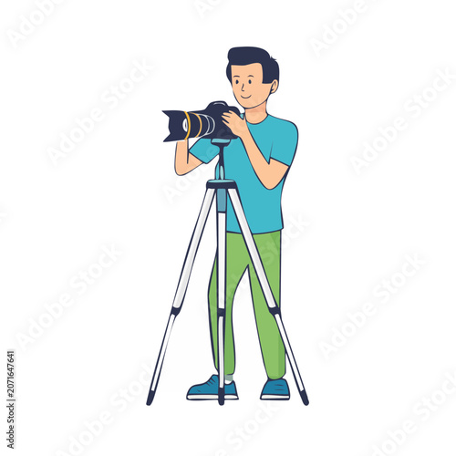 Photographer with camera on tripod, flat vector illustration