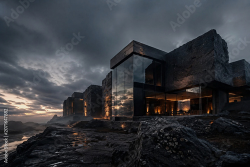 Ultra realistic architectural photography of an ultra-modern rectilinear residence carved from black basalt stone blocks