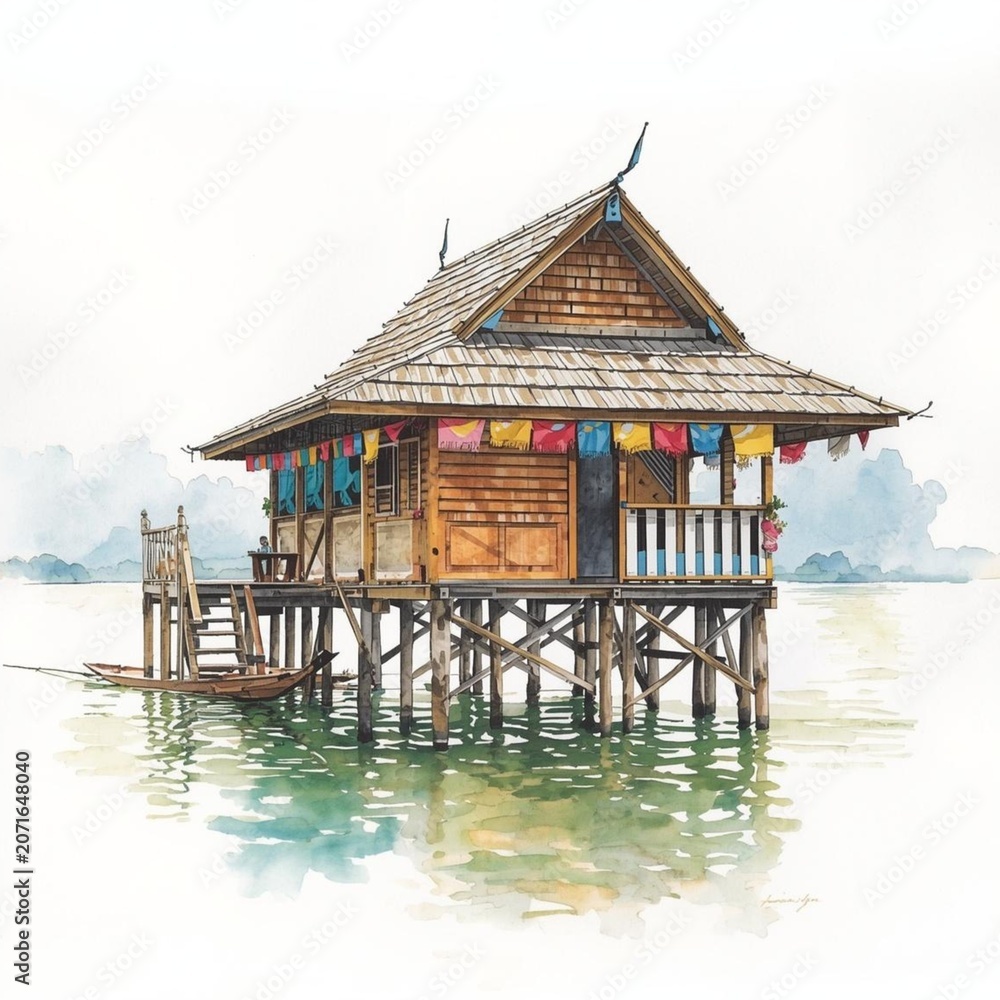 Obraz premium Serene Traditional Thai Stilt House Over Calm Water