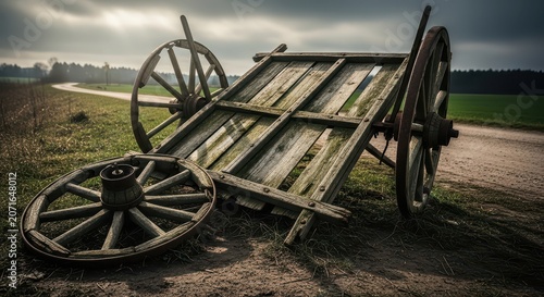 Antique Wooden Farm Cart Resting in a Grassy Field Under a Cloudy Sky