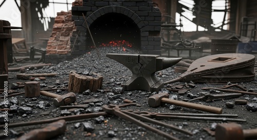 Anvil and Tools in a Vintage Blacksmith Forge