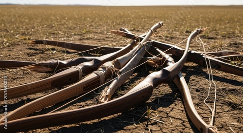 Antique Wooden Bows Resting on Dry Earth in a Field
