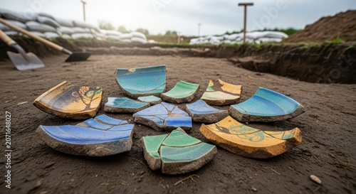 Archaeological Excavation Reveals Scattered Pottery Fragments on Dig Site