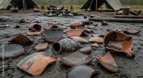 Archaeological Dig Uncovers Scattered Ancient Pottery Fragments in Wet Ground