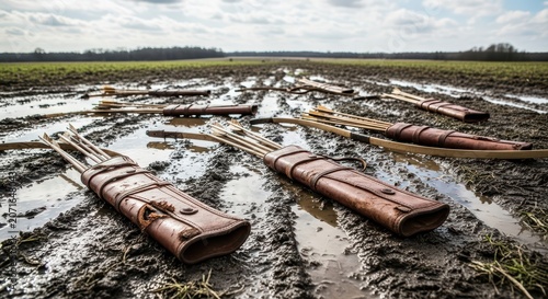 Archery Quivers with Arrows Resting in a Muddy Field After Rain