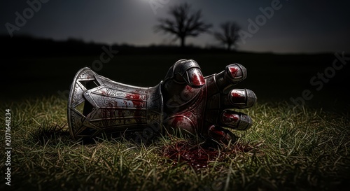 Bloodied Knight's Gauntlet Lying on Grassy Battlefield