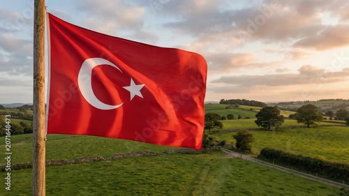 Turkish national flag waving over a peaceful countryside landscape at sunset, symbolizing patriotism, independence and national identity in Türkiye.