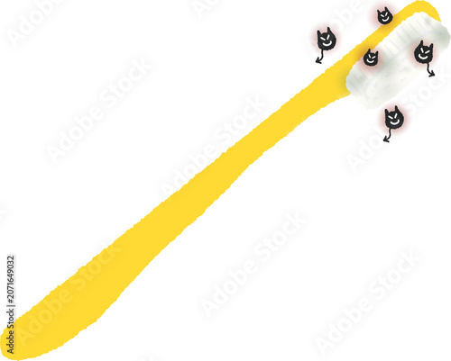 Yellow toothbrush with cute black bacteria monsters illustration
