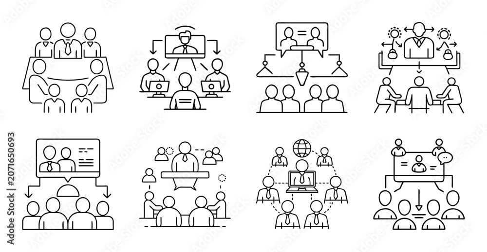 Obraz premium Flat icons of people working and collaborating in office - Colorful set of flat icons depicting teamwork, presentations, and office activities with diverse characters.