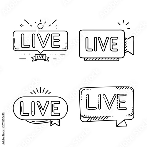 Live stream broadcast badges set - Minimalist live stream badges with speech bubbles and stars, perfect for online broadcasting and social media.