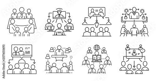 Flat icons of people working and collaborating in office - Colorful set of flat icons depicting teamwork, presentations, and office activities with diverse characters.
