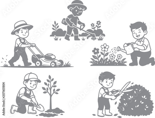 Cute cartoon vector illustration of children characters happily performing various gardening, lawn care, and landscaping activities.