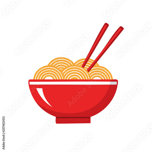 Red bowl of noodles with chopsticks vector illustration