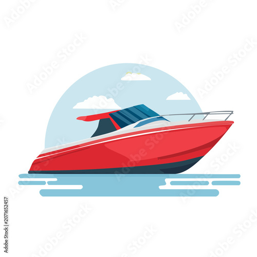Red speedboat on water flat vector illustration