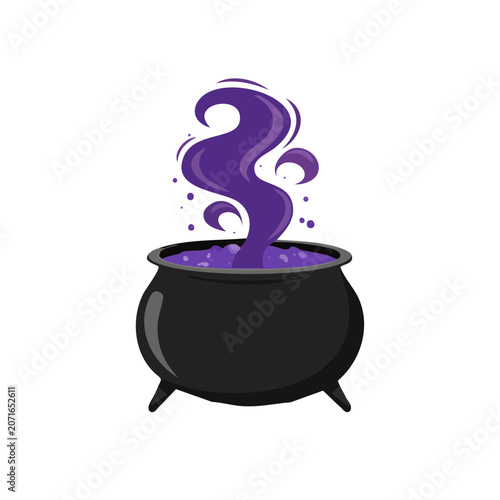 Black cauldron with purple potion and smoke