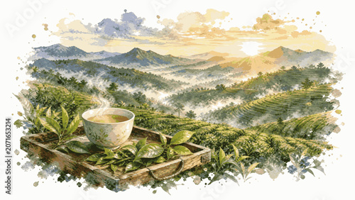 Photos Aroma Morning Tea in the Valley isolated watercolor vector illustration svg