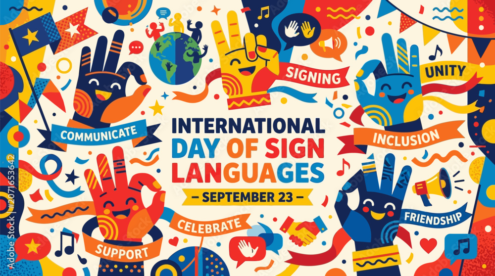 Fototapeta premium International day of sign languages poster with colorful hands making signs, celebration of communication, unity, inclusion, support and friendship