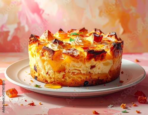 Sweet baked cake with creamy topping and fruit