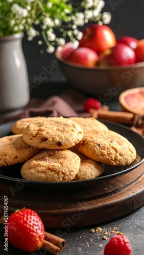 Sweet baked cookies with fruit and flowers