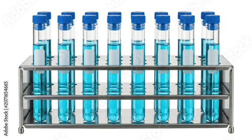 Laboratory test tubes with blue liquid in metal rack.