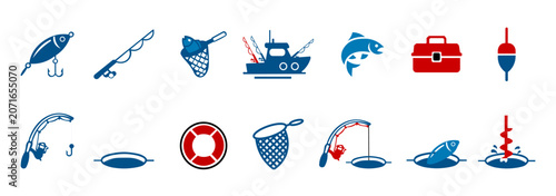 Tableau sur toile Fishing and angling icon set with fishing rod lure fish boat tackle box float an