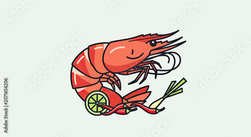 Foto Cartoonish red shrimp with lime, chilies, and scallions