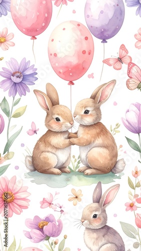 Sweet bunnies and balloons in a garden