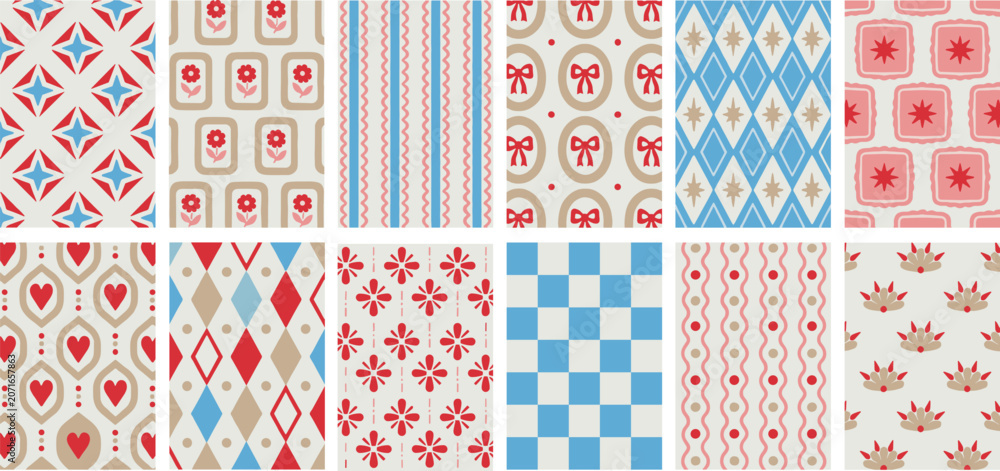 Fototapeta premium Assorted Geometric And Floral Patterns Vector Illustration On White Background