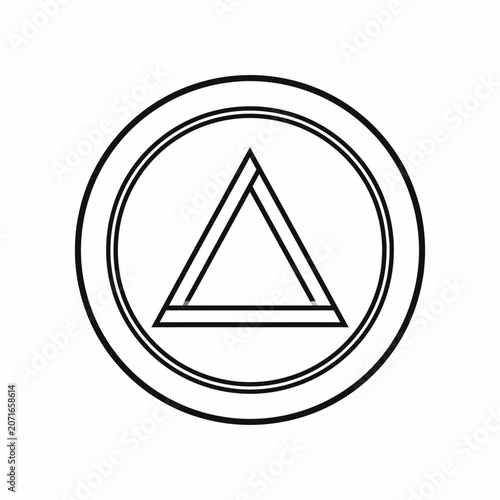 Minimalist geometric triangle symbol inside circular border outline.