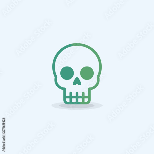 Minimalist green skull icon on light blue background.