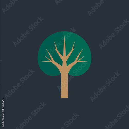 Minimalist green tree icon with brown trunk on dark.