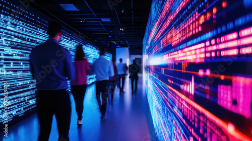 Group of people walking through modern corridor with vibrant digital data visualizations on walls, showcasing technology and innovation
