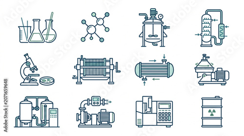 Collection of scientific and industrial equipment icons.