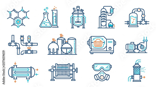 Collection of Industrial Chemical Engineering Icons and Symbols.