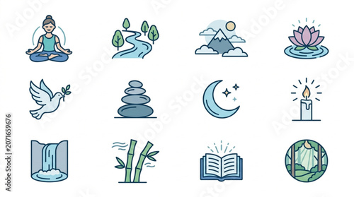 Collection of Icons Representing Peace Nature and Spirituality.