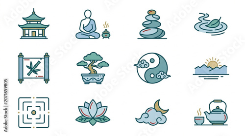 Collection of Zen Buddhism and Asian culture icons and symbols.