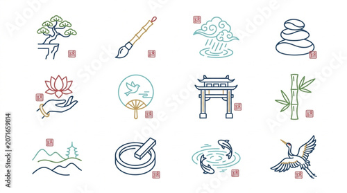 Collection of Traditional Asian Art and Nature Icons.