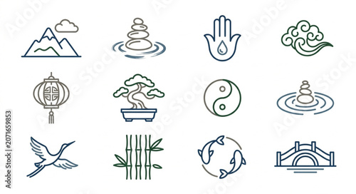 Collection of Asian inspired icons and symbols.