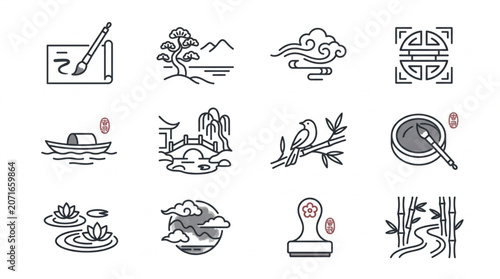 Collection of Traditional Asian Art Icons and Symbols.