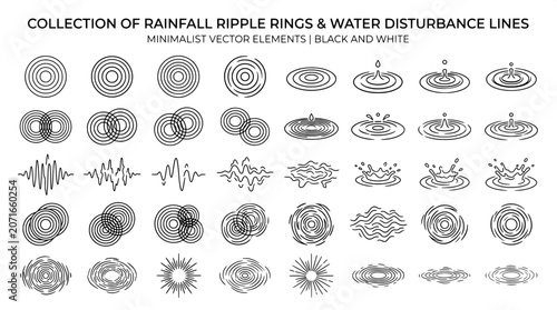Tableau sur toile Rainfall ripple rings and water disturbance line collection with rainfall distur