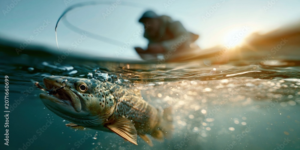 Fototapeta premium Fly fishing action dramatic moment beneath the surface