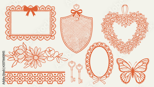 Ornate lace decorative frame and motif illustrations with oval shield square hexagon circle heart butterfly and floral designs on beige background
