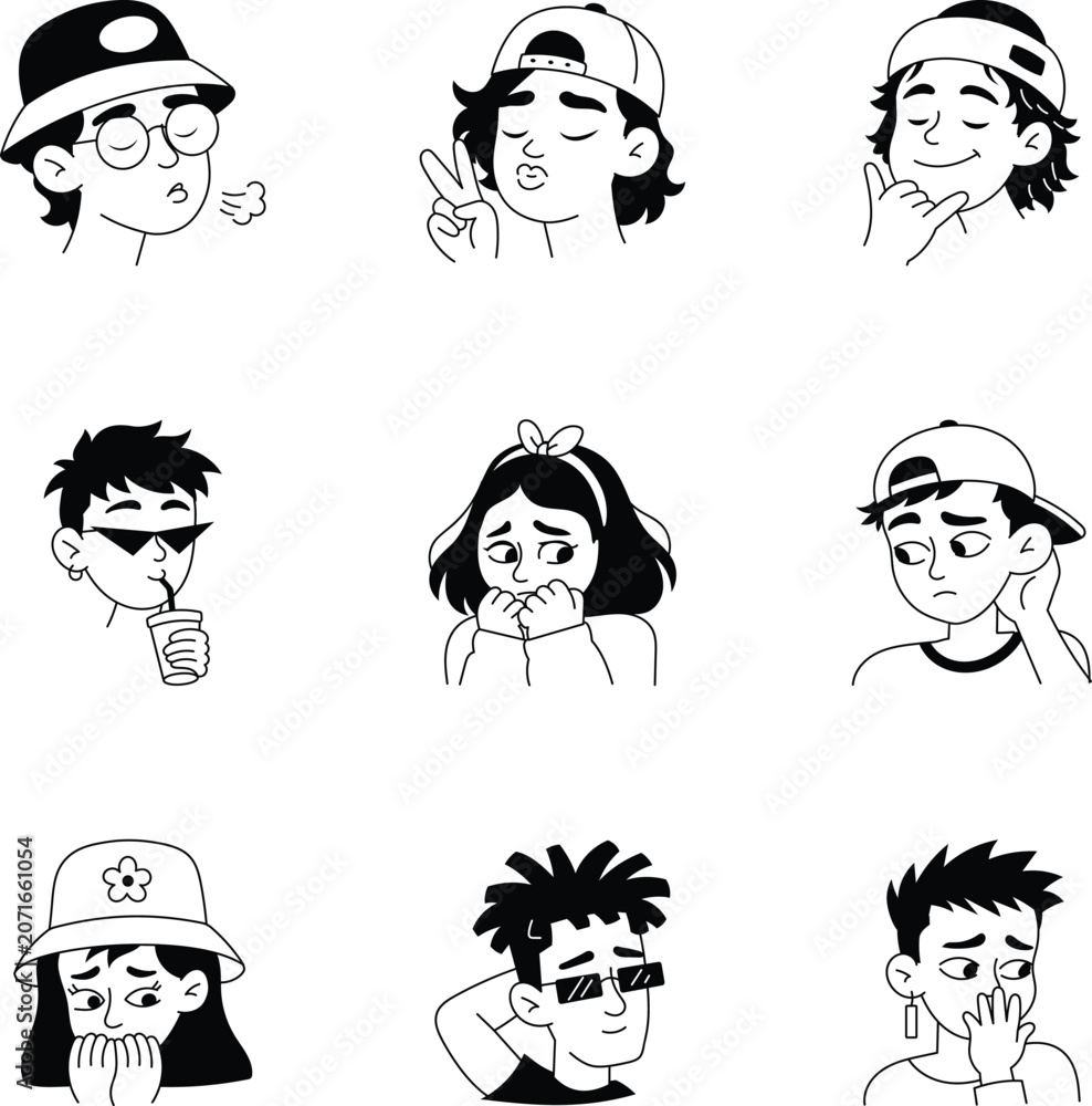 Fototapeta premium Collection of relaxed, peaceful, dreamy, chill, scared, awkward, timid, bashful, surprised facial expression glyph icons with expressive character portraits.