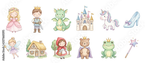 Schilderij op canvas Cute fairytale characters and magical fantasy elements in pastel watercolor style