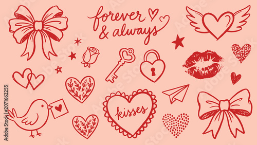Red romantic line art illustrations of hearts bows rose key lock lips stars and bird with envelope featuring text forever and always and kisses on pink background